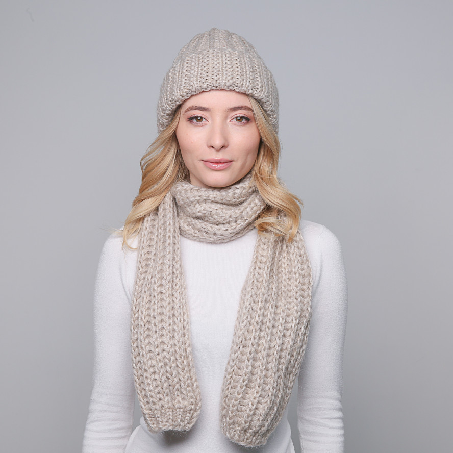 Набор шапка по голове + шарф женский шерсть бежевый GWINNETT 032-439, фото 5