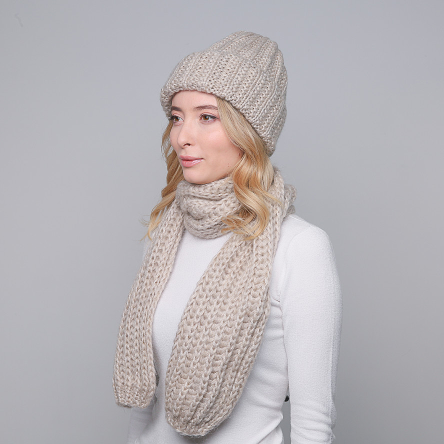 Набор шапка по голове + шарф женский шерсть бежевый GWINNETT 032-439, фото 4