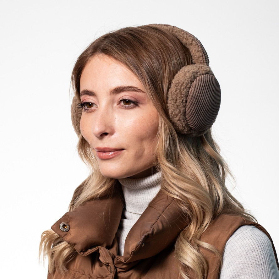 Хутряні навушники жіночі штучне хутро каракуль з вельветом бежеві ВЕЛЕС 554-214, фото 5