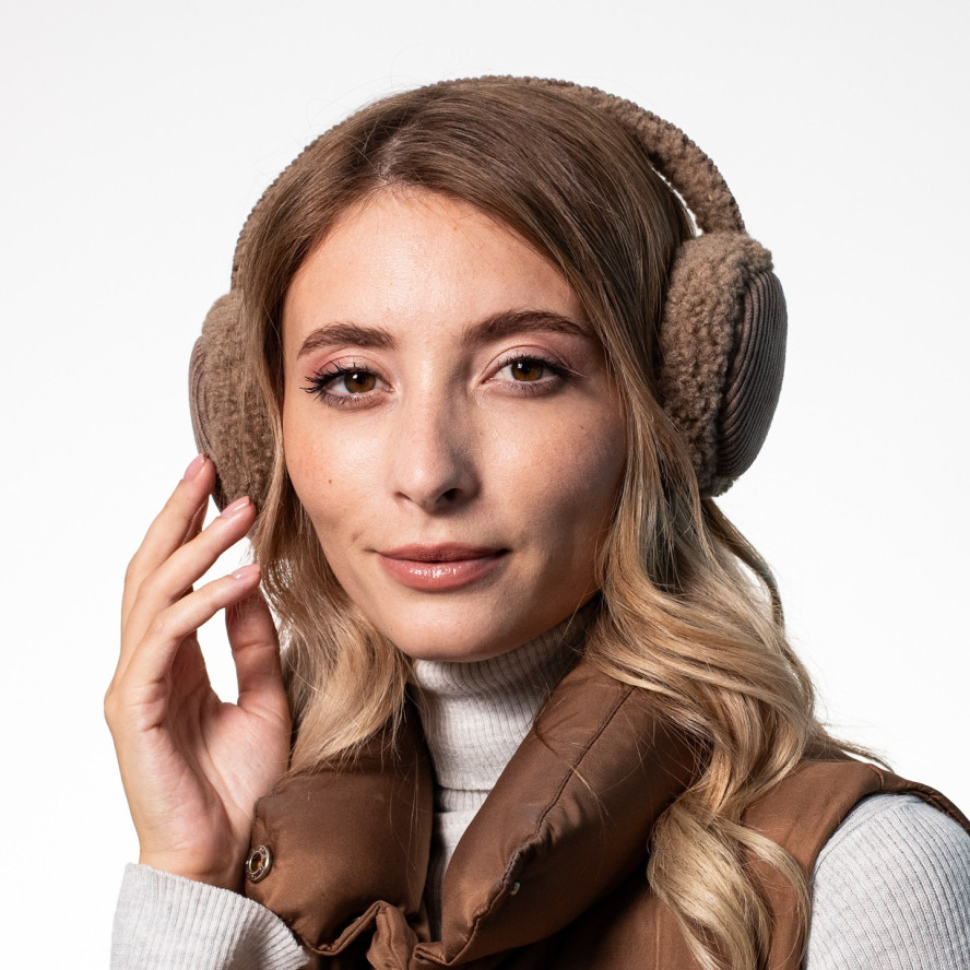 Хутряні навушники жіночі штучне хутро каракуль з вельветом бежеві ВЕЛЕС 554-214, фото 6