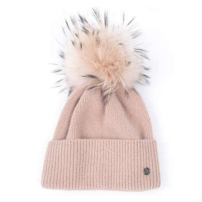 Шапка з помпоном жіноча вовна мериноса бежева NALINA 668-677
