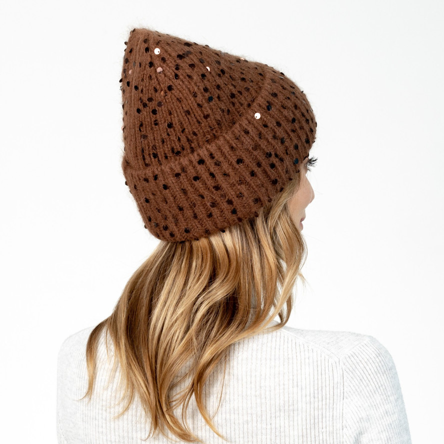 Шапка біні з паєтками жіноча ангора коричнева ПІЛАЙ 577-640, фото 4