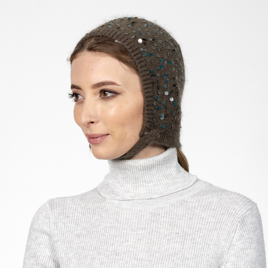 Шапка чепчик з паєтками жіноча ангора хакі ІВАННА 580-800, фото 3