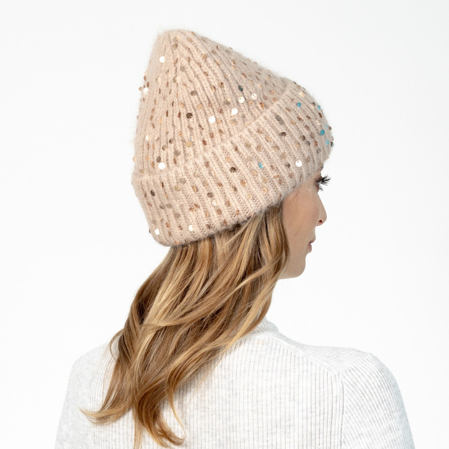Шапка біні з паєтками жіноча ангора бежева ПІЛАЙ 580-862, фото 4