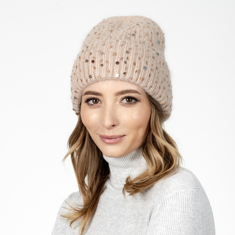 Шапка біні з паєтками жіноча ангора бежева ПІЛАЙ 580-862, фото 3