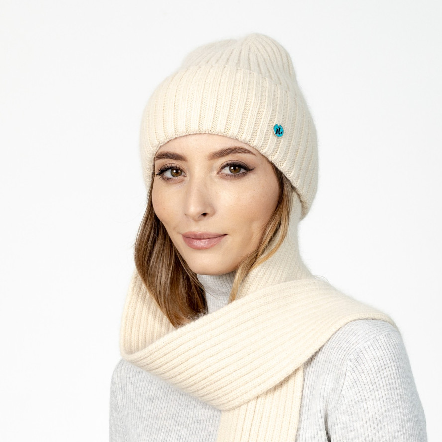 Шапка по голові з шарфом жіноча віскоза з ангорою молочна РІМА 591-813, фото 4