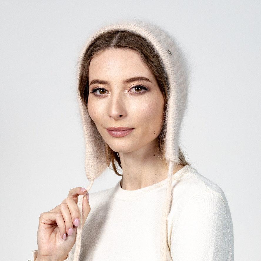 Шапка чепчик с завязками женская ангора бежевая СИЛИЯ 620-858, фото 5