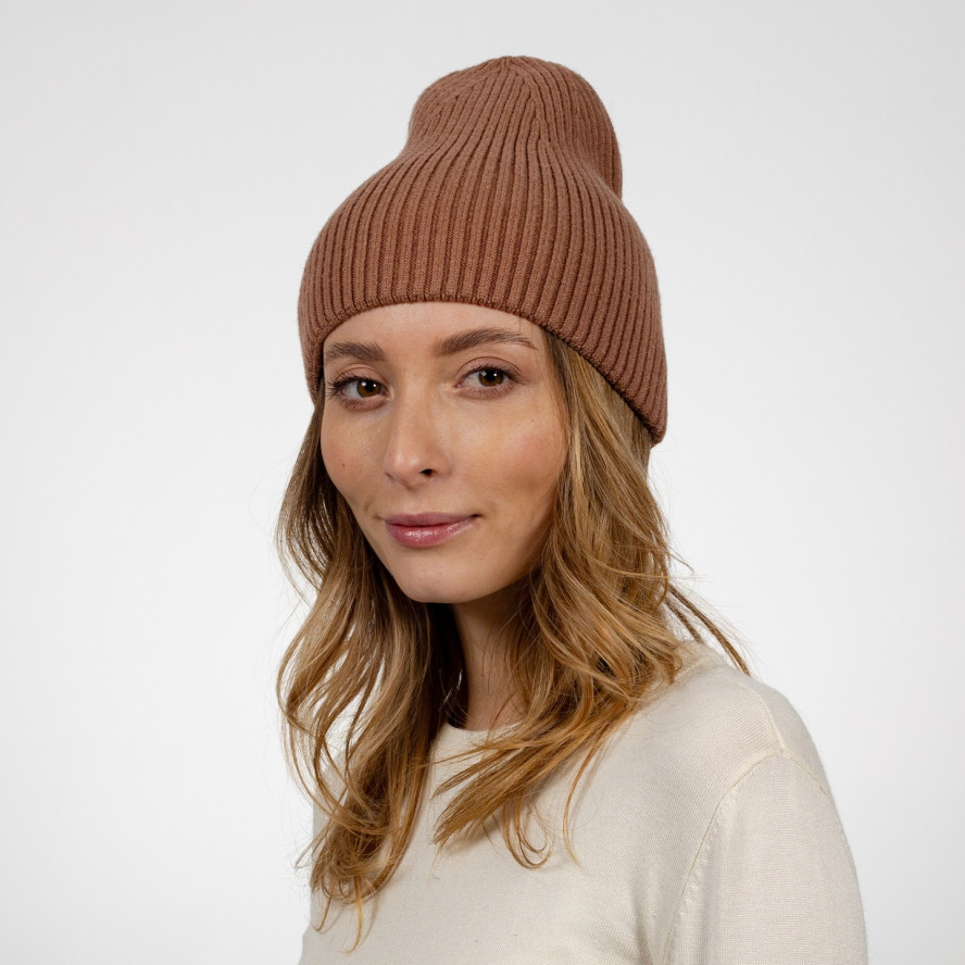 Шапка бини женская вискоза с шерстью коричневая БЛЕЙК 652-996, фото 3