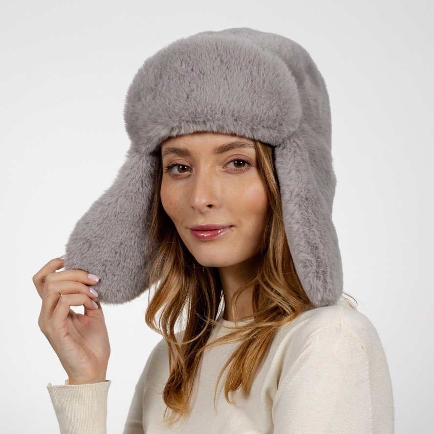 Шапка вушанка жіноча штучне хутро кролик сіра ЛІНА 664-487, фото 3