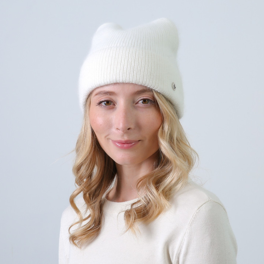 Шапка біні з вушками жіноча віскоза з ангорою біла ДАНАЯ 873-414, фото 3