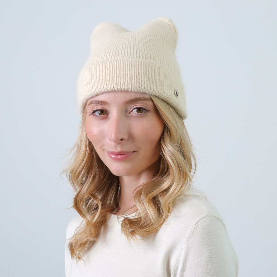 Шапка біні з вушками жіноча віскоза з ангорою молочна ДАНАЯ 873-421, фото 3