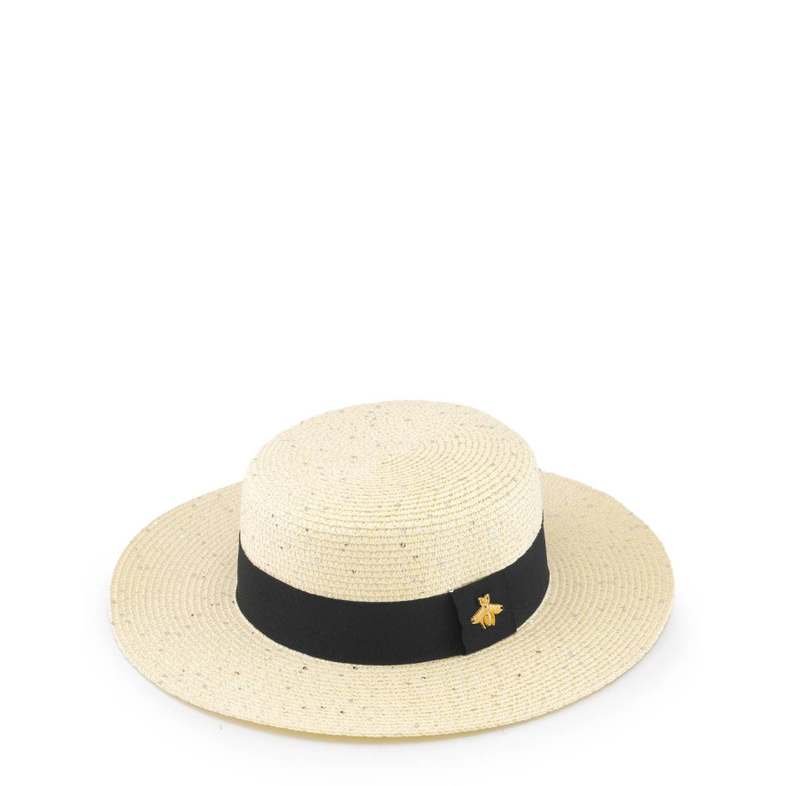 Шляпа канотье с пайетками женская бумага молочная BESTY 093-333, фото 1