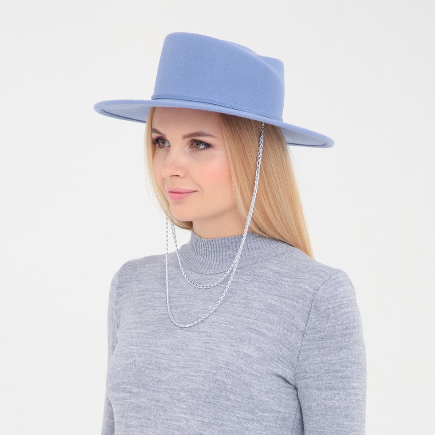 Капелюх канотьє жіночий зі срібним ланцюжок і фігурним верхом фетр блакитний ФОНГ 653-451, фото 5