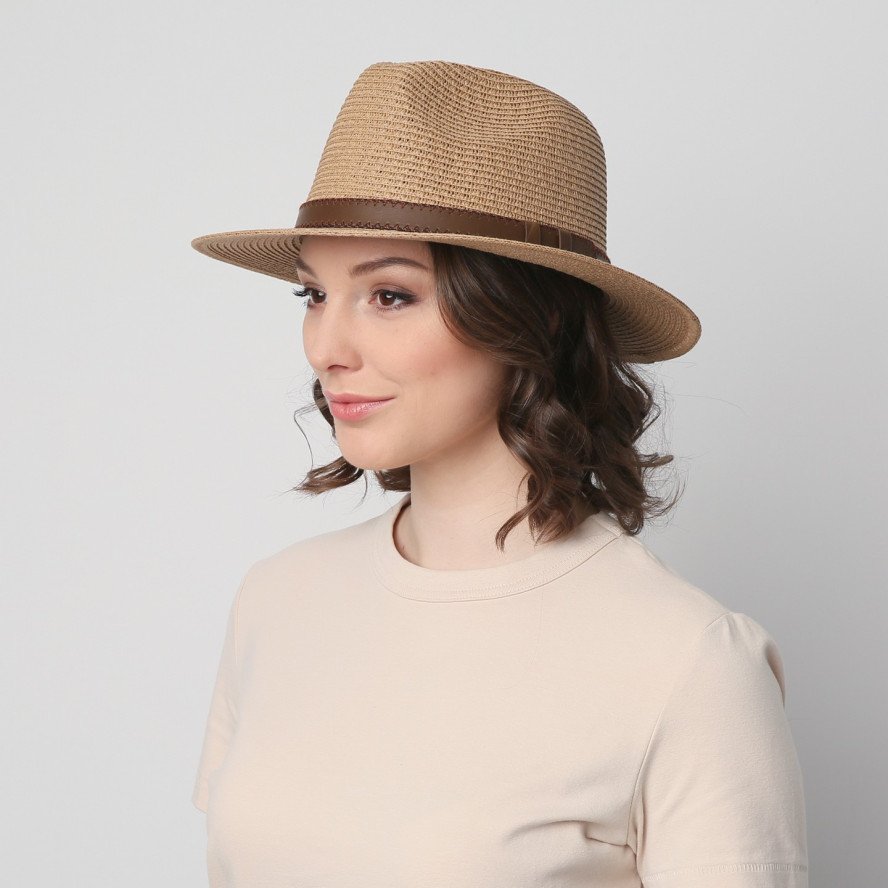 Шляпа федора женская бумага бежевая BAY 842-985, фото 4