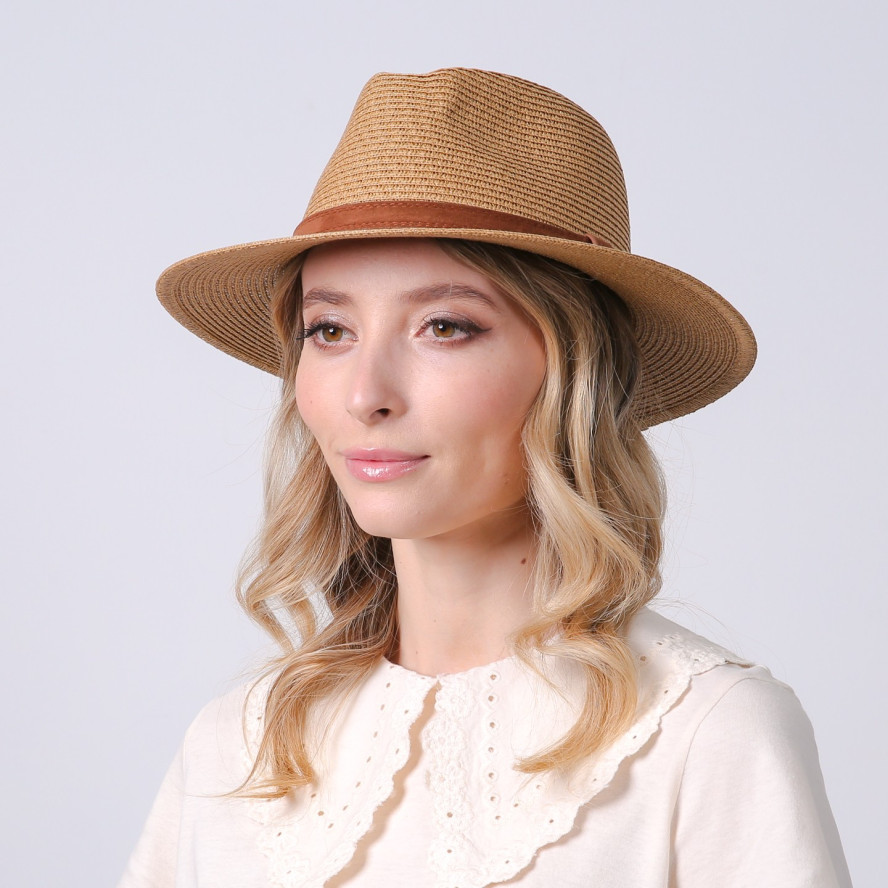 Шляпа федора женская с ремешком бумага бежевая АДЕЛИН 733-633, фото 4