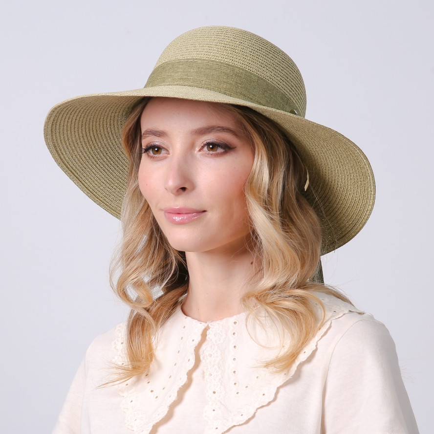 Шляпа со средними полями женская с лентой-бантом бумага хаки MONIKA 733-657, фото 5