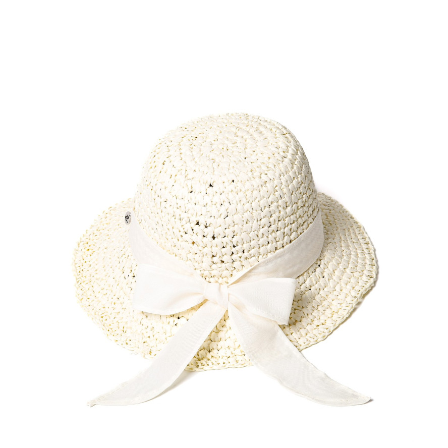 Шляпа со средними полями женская вязаная с лентой-бантом бумага молочная КАТАЛИНА 734-173, фото 3