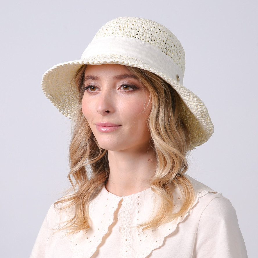 Шляпа со средними полями женская вязаная с лентой-бантом бумага молочная КАТАЛИНА 734-173, фото 5