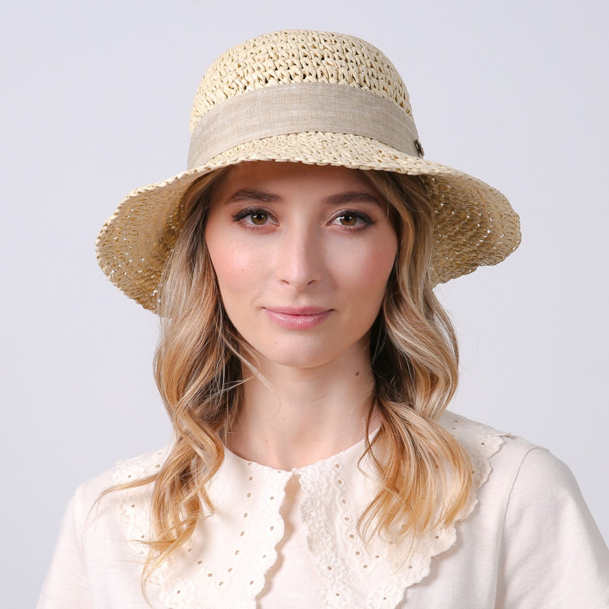 Капелюх із середніми полями жіночий в'язаний зі стрічкою-бантом папір бежевий КАТАЛІНА 734-180, фото 6