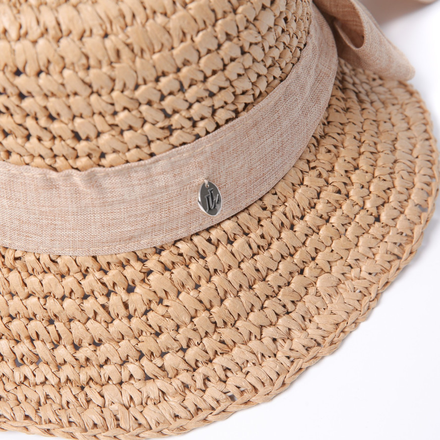 Шляпа со средними полями женская вязаная с лентой-бантом бумага бежевая КАТАЛИНА 734-197, фото 4