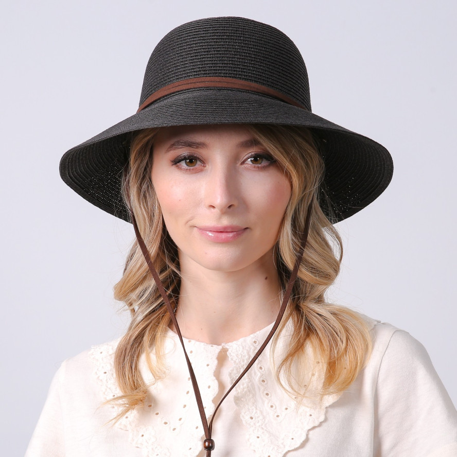 Шляпа со средними полями женская с веревкой-завязкой бумага черная ДАЛИЯ 734-340, фото 5