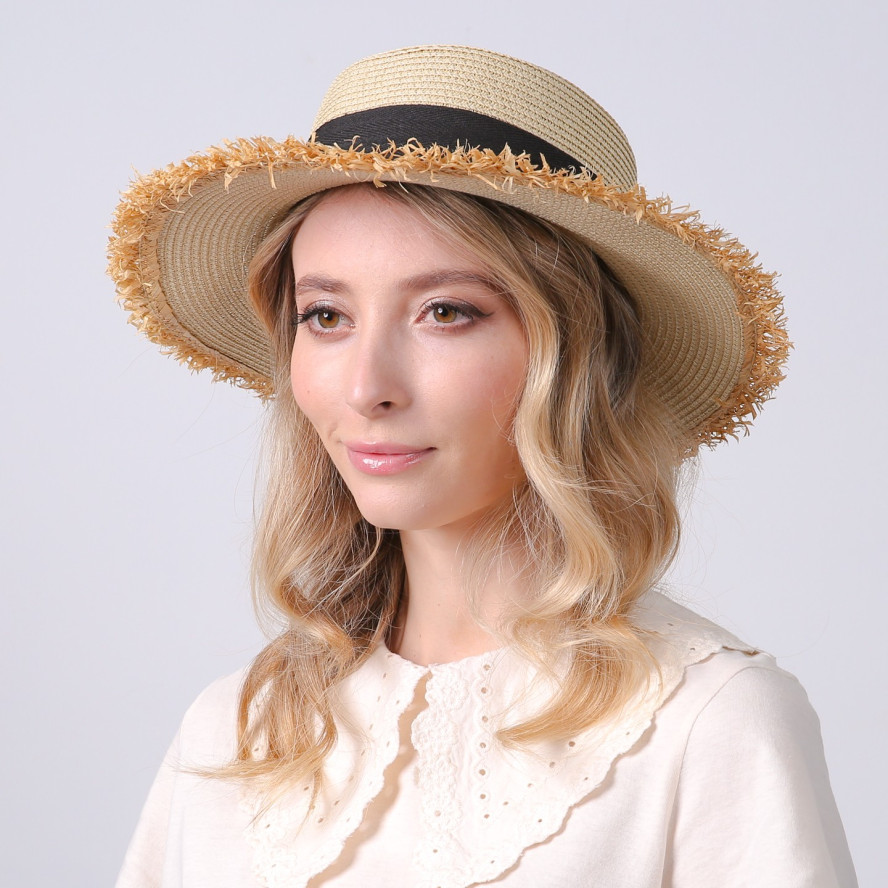 Шляпа канотье женская с лентой-бантом бумага бежевая ПАМЕЛА 734-357, фото 5