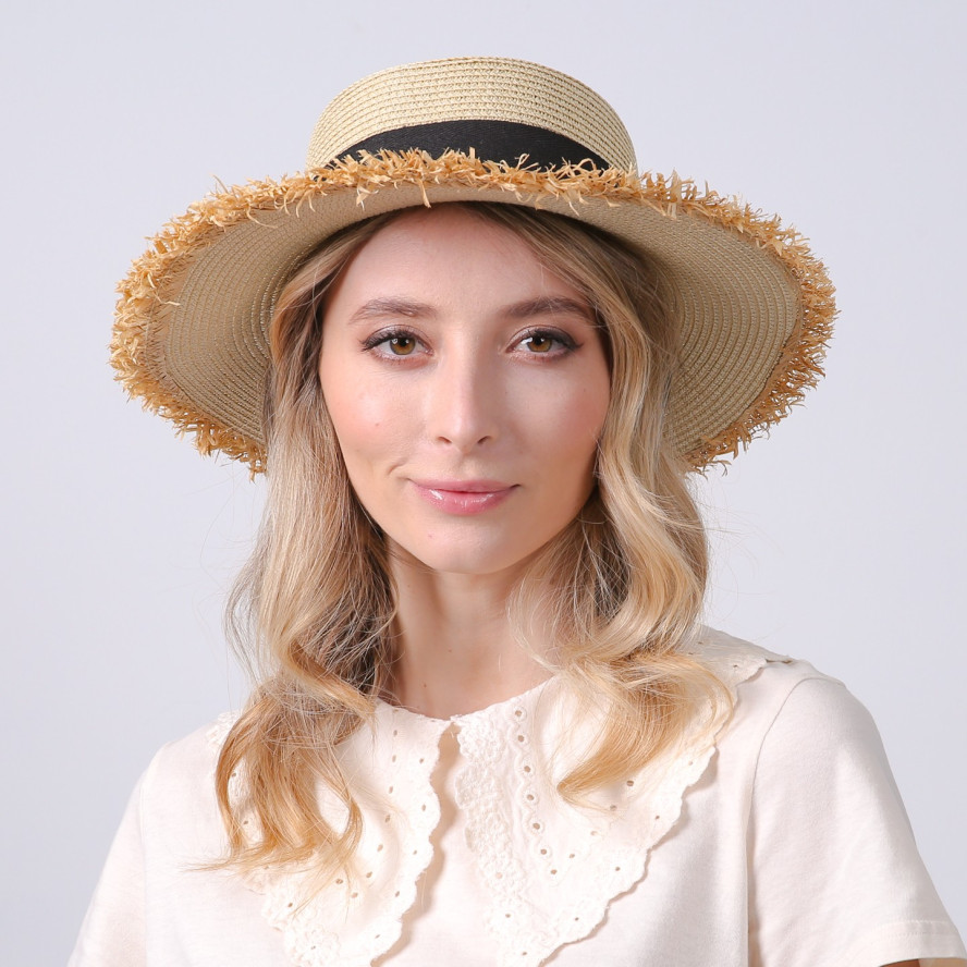Шляпа канотье женская с лентой-бантом бумага бежевая ПАМЕЛА 734-357, фото 6