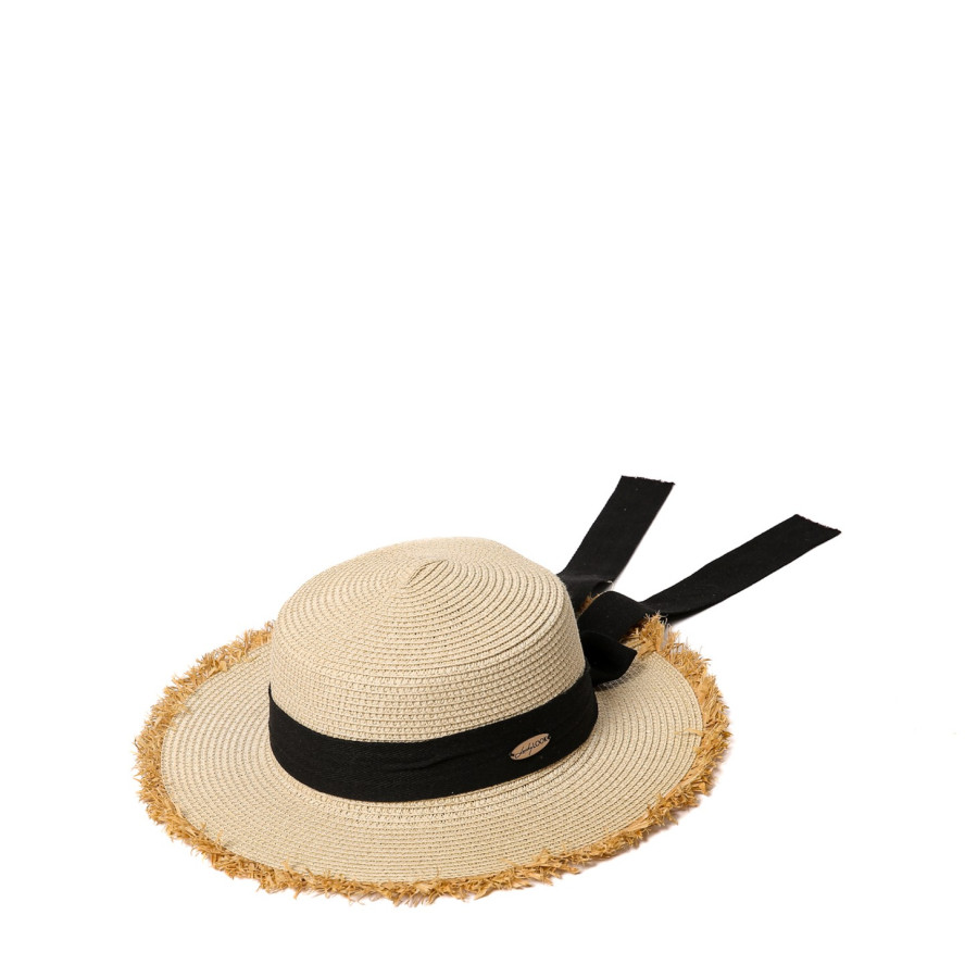Шляпа канотье женская с лентой-бантом бумага бежевая ПАМЕЛА 734-357, фото 1