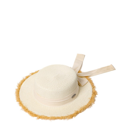 Шляпа канотье женская с лентой-бантом бумага молочная ПАМЕЛА 734-371 Шляпа канотье женская с лентой-бантом бумага молочная ПАМЕЛА 734-371