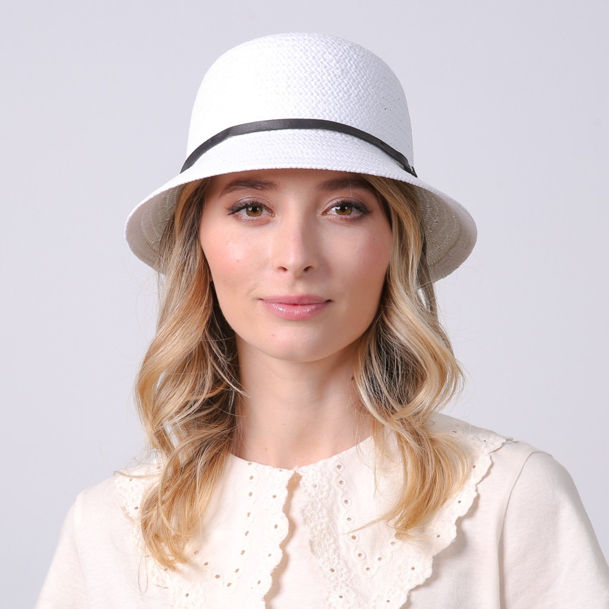 Капелюх із середніми полями жіночий з шкіряним ремінцем папір білий СИНТІЯ 734-401, фото 5
