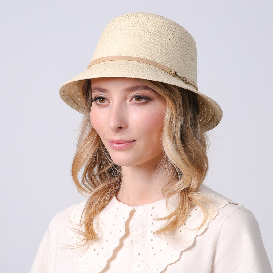 Капелюх із середніми полями жіночий з шкіряним ремінцем папір бежевий СИНТІЯ 734-418, фото 4