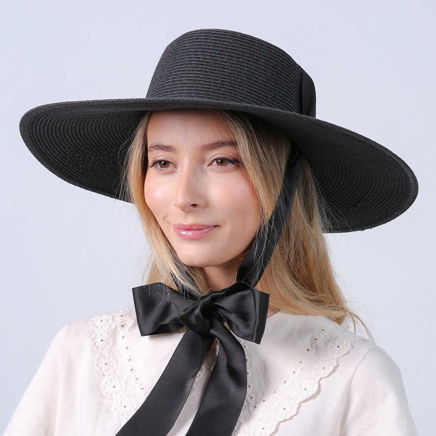 Шляпа с широкими полями женская с лентой-завязкой бумага черная ПЕРИС 735-163, фото 4