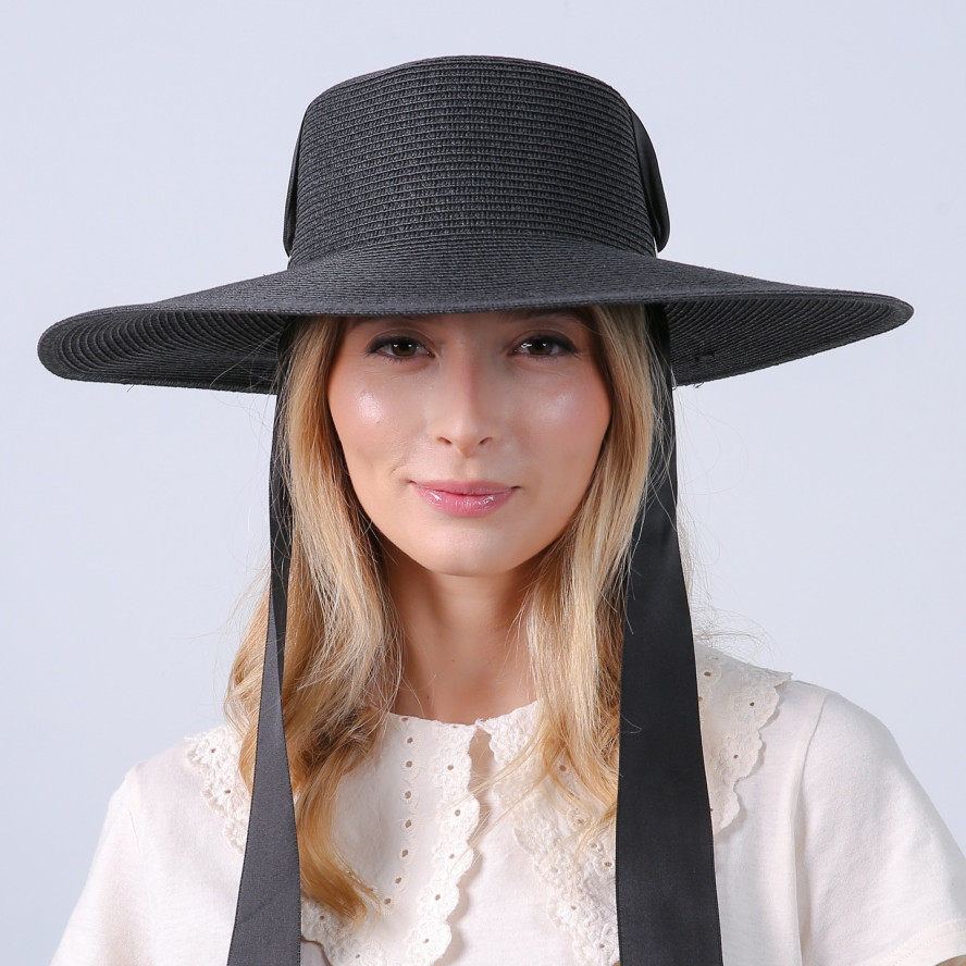 Шляпа с широкими полями женская с лентой-завязкой бумага черная ПЕРИС 735-163, фото 7