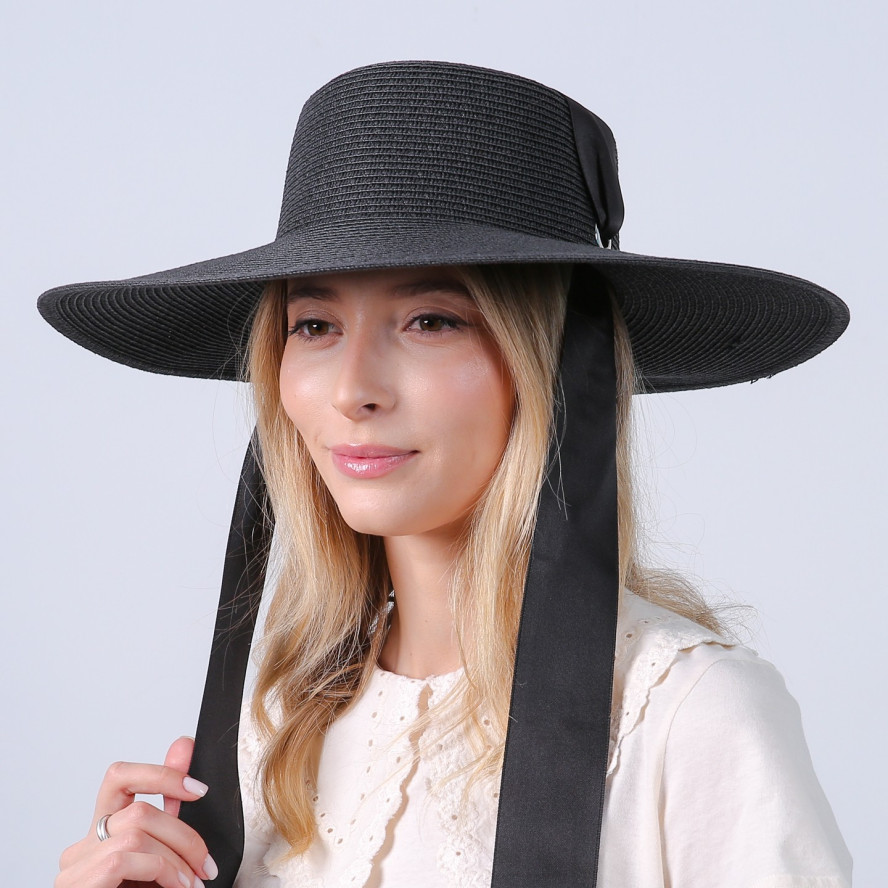 Шляпа с широкими полями женская с лентой-завязкой бумага черная ПЕРИС 735-163, фото 6
