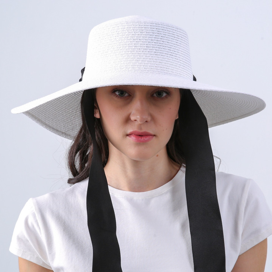Шляпа с широкими полями женская с лентой-завязкой бумага белая ПЕРИС 735-194, фото 4
