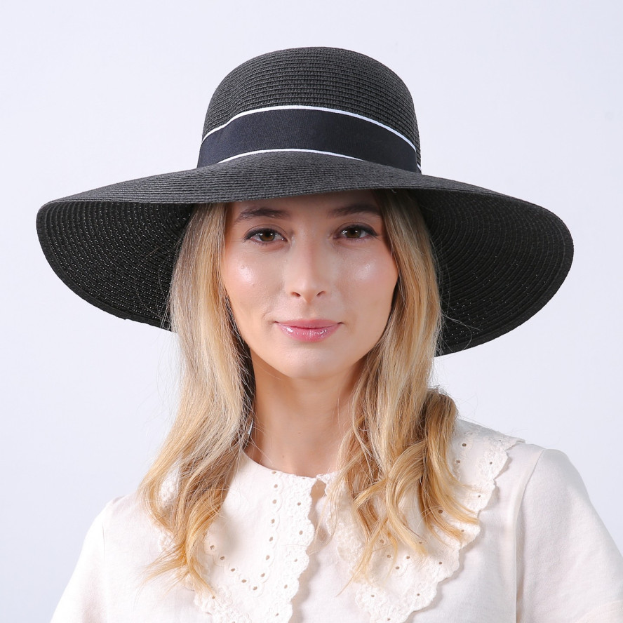 Шляпа с широкими полями женская с лентой бумага черная САБРИНА 735-200, фото 5