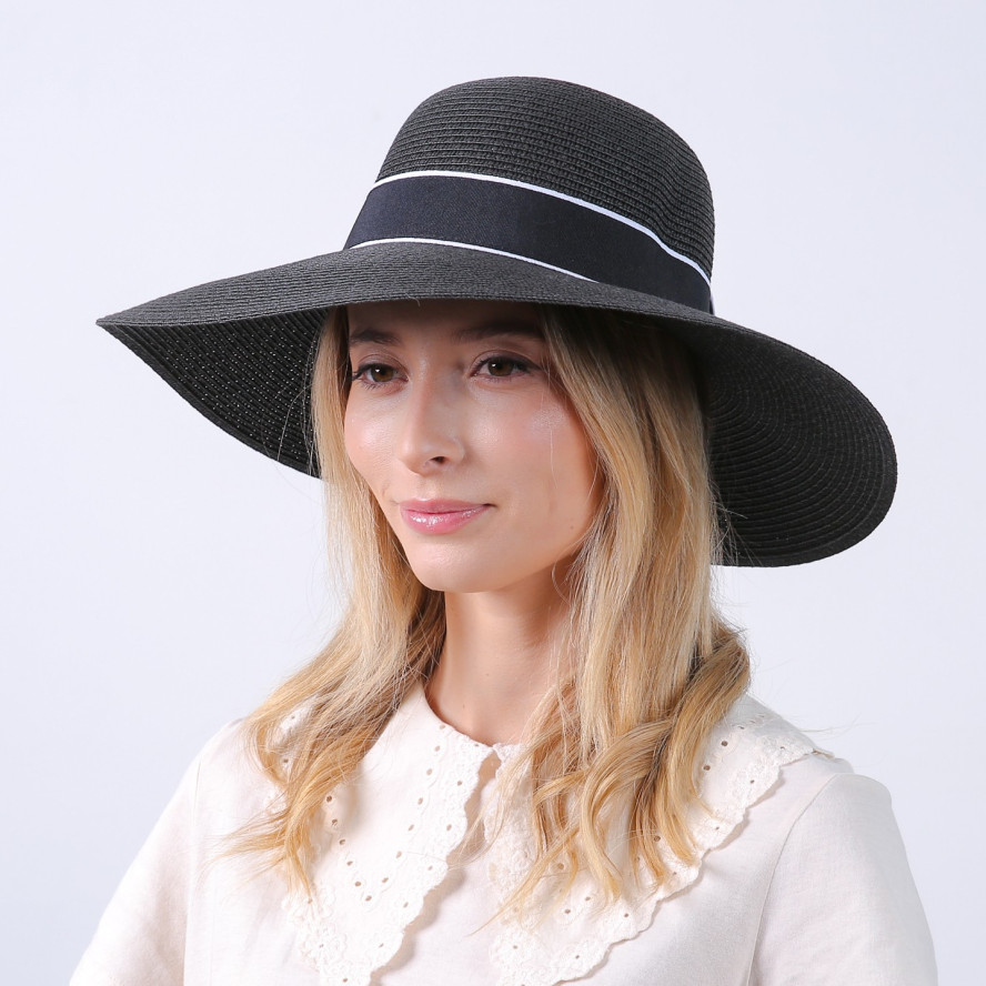 Шляпа с широкими полями женская с лентой бумага черная САБРИНА 735-200, фото 4