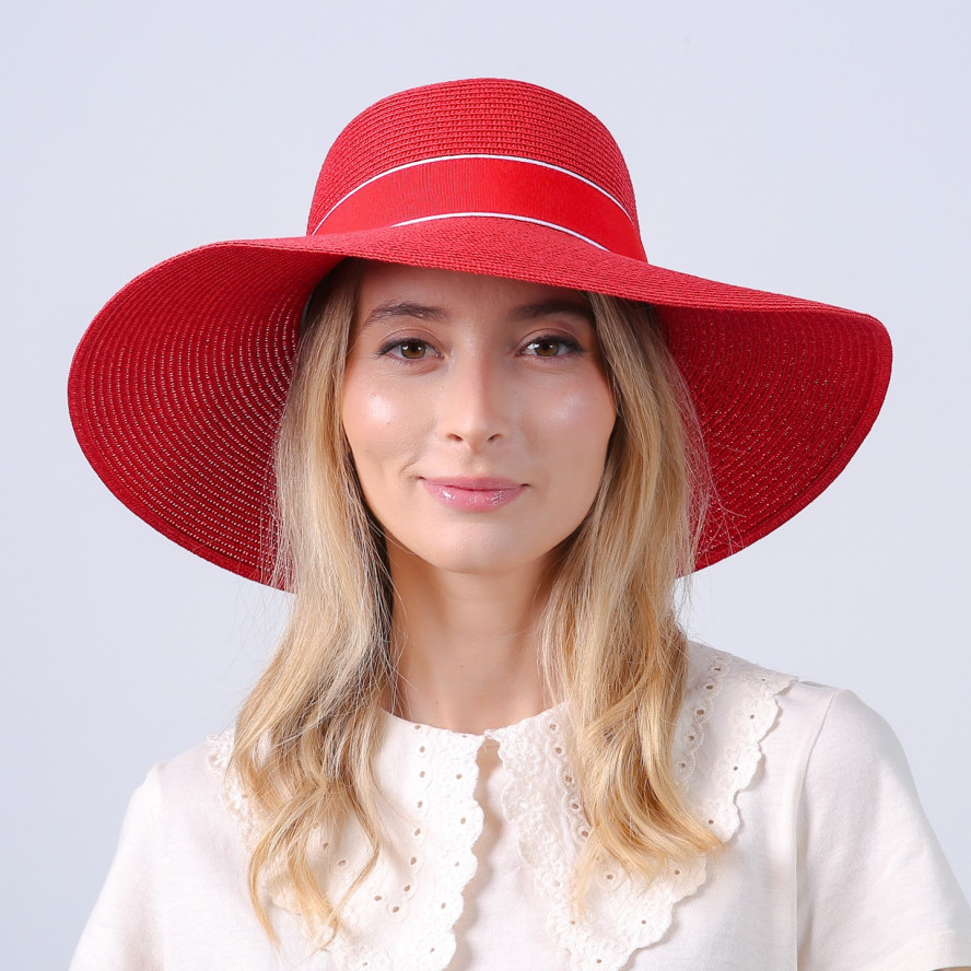 Шляпа с широкими полями женская с лентой бумага красная САБРИНА 735-217, фото 5