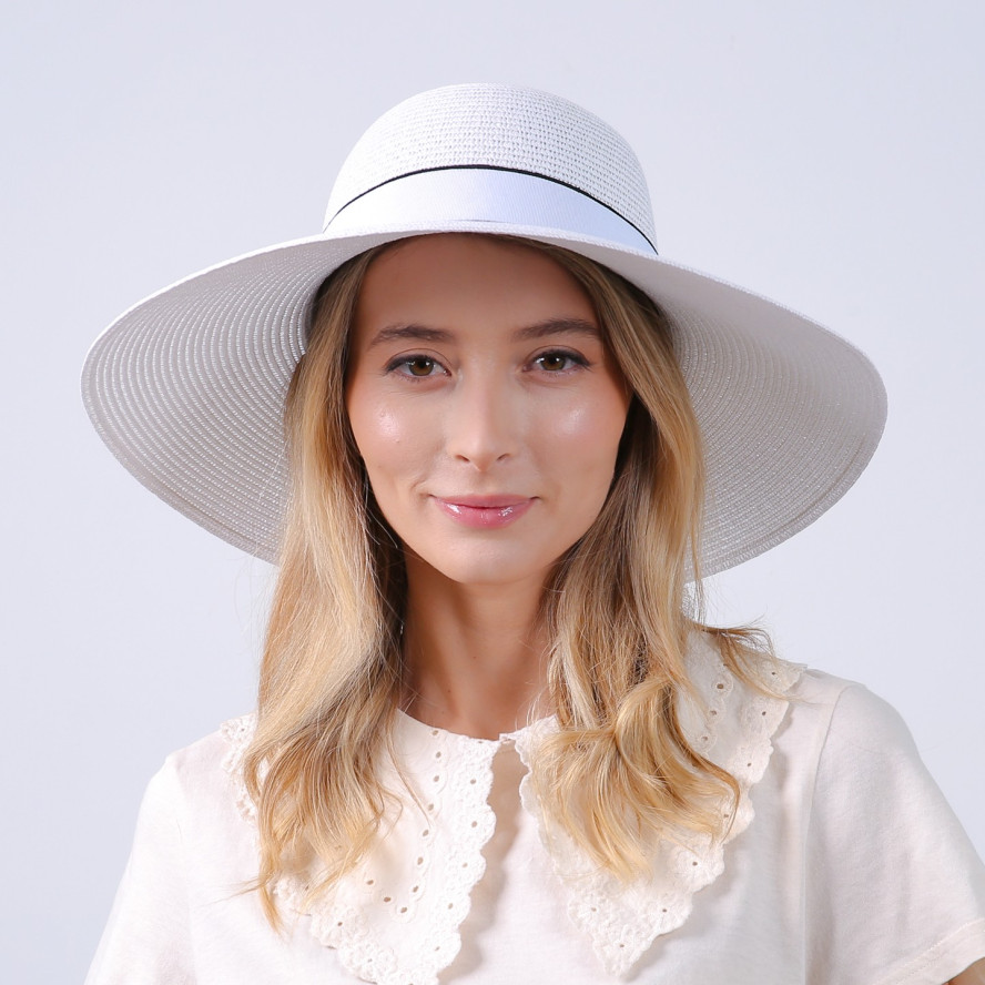 Шляпа с широкими полями женская с лентой бумага белая САБРИНА 735-231, фото 5