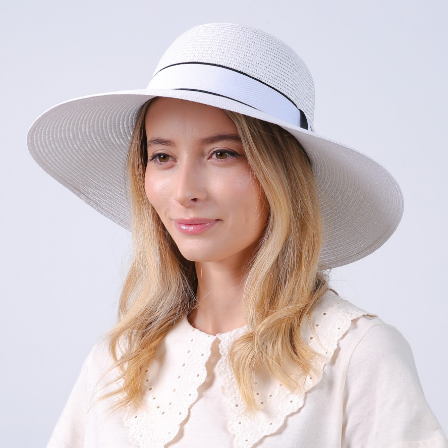 Шляпа с широкими полями женская с лентой бумага белая САБРИНА 735-231, фото 4