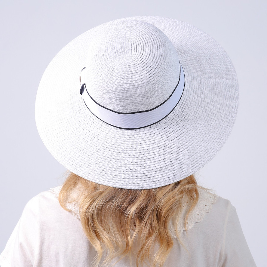 Шляпа с широкими полями женская с лентой бумага белая САБРИНА 735-231, фото 6