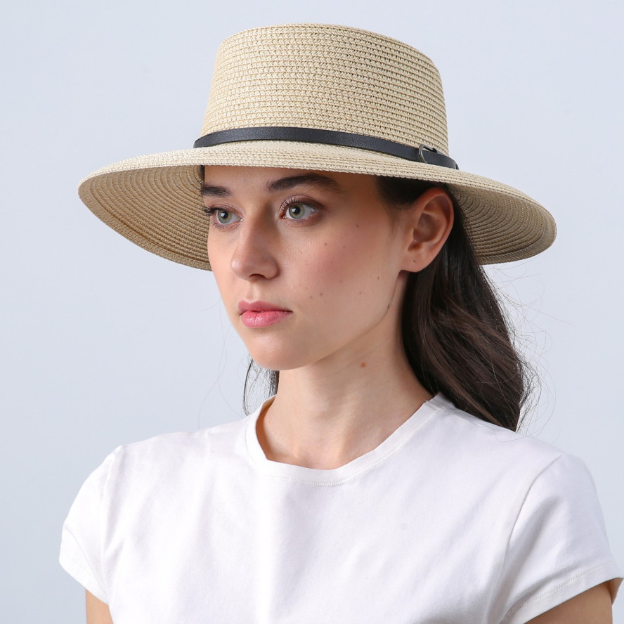 Шляпа канотье женская с ремешком целлюлоза бежевая ЭВОРА 808-324, фото 3