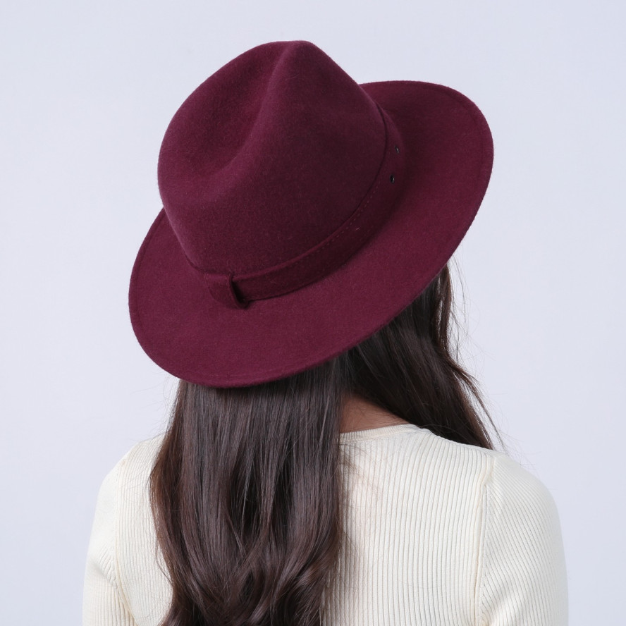 Шляпа федора женская с ремешком фетр бордовая МЕДОУ 919-822, фото 6