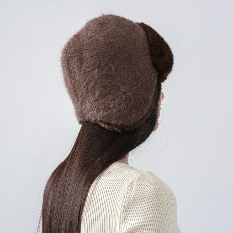 Шапка вушанка жіноча ангора зі штучним хутром коричнева ДЕМА 581-142, фото 5