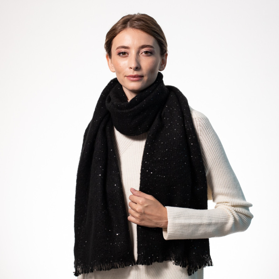 Палантин з паєтками жіночий однотонний кашемір чорний ЛУНА 555-310, фото 4