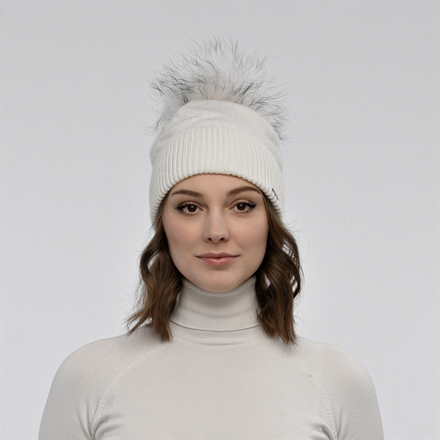 Шапка з помпоном жіноча вовна з люрексом біла LILY 671-662, фото 4